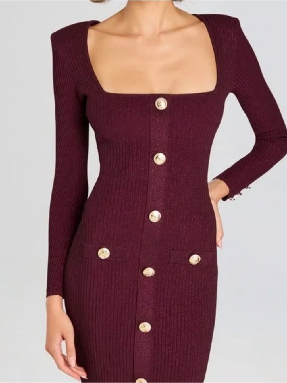 Retrofete Ribbed Square-Neck Long Sleeve Dress in Wine (Burgundy)